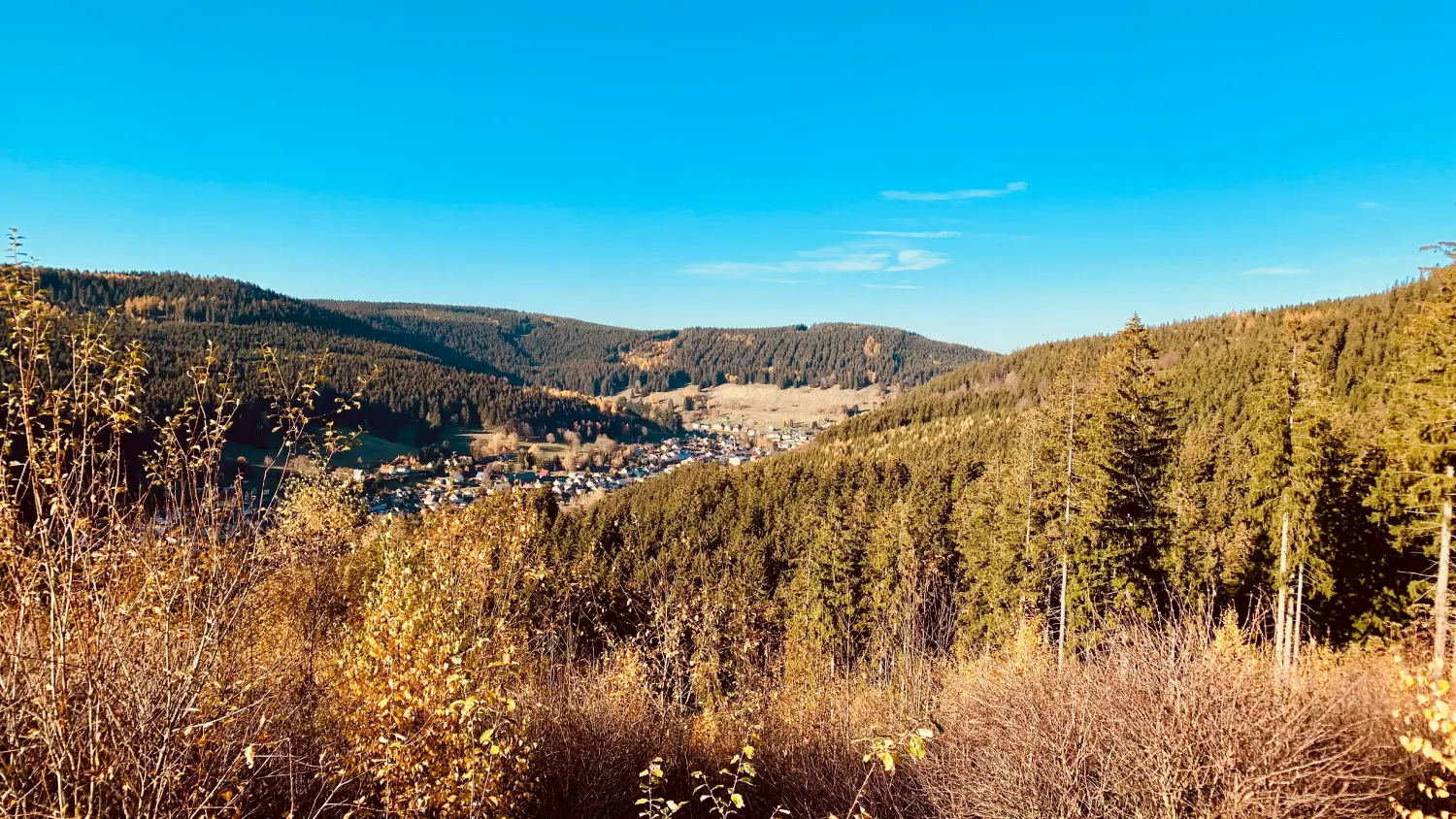 Blick von einem Berg Richtung Tal